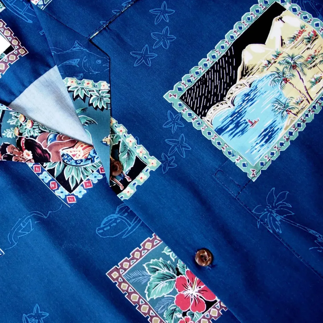 Vintage Portraits Blue Hawaiian Rayon Shirt