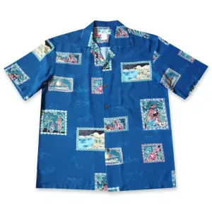 Vintage Portraits Blue Hawaiian Rayon Shirt