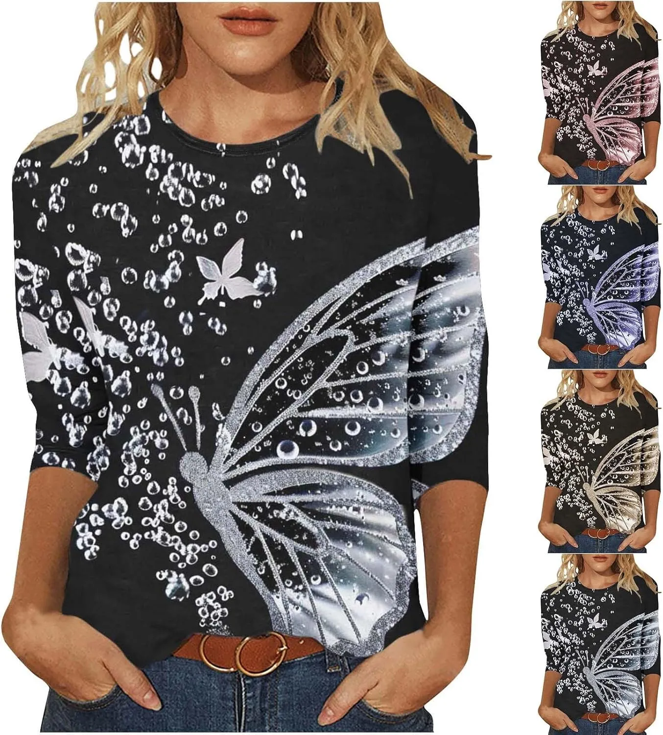 Womens 3/4 Length Sleeve Tops Vintage Elegant Crewneck Floral Printed Summer Tops Lightweight Cozy Loose Fit Blouse