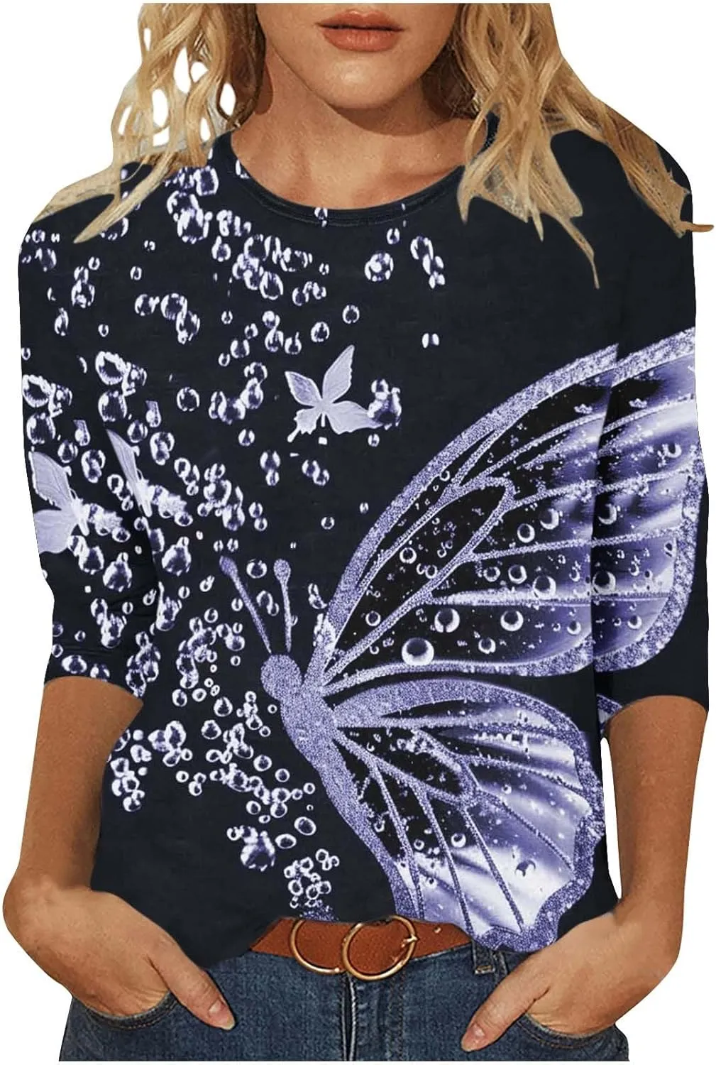 Womens 3/4 Length Sleeve Tops Vintage Elegant Crewneck Floral Printed Summer Tops Lightweight Cozy Loose Fit Blouse