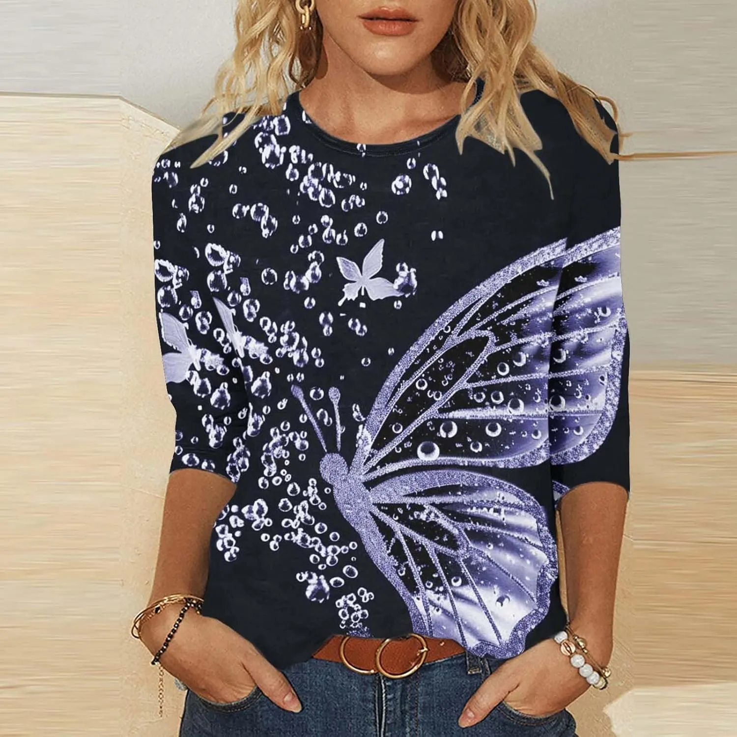 Womens 3/4 Length Sleeve Tops Vintage Elegant Crewneck Floral Printed Summer Tops Lightweight Cozy Loose Fit Blouse