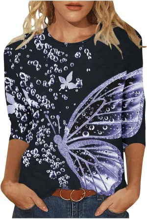 Womens 3/4 Length Sleeve Tops Vintage Elegant Crewneck Floral Printed Summer Tops Lightweight Cozy Loose Fit Blouse