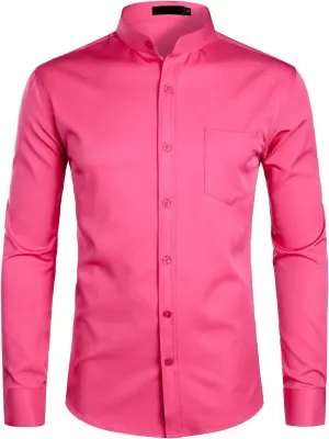 ZEROYAA Men's Banded Collar Slim Fit Long Sleeve Casual Button Down Dress Shirts with Pocket