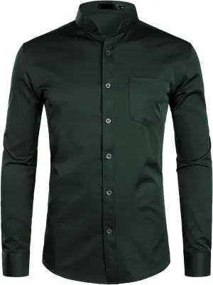 ZEROYAA Men's Banded Collar Slim Fit Long Sleeve Casual Button Down Dress Shirts with Pocket
